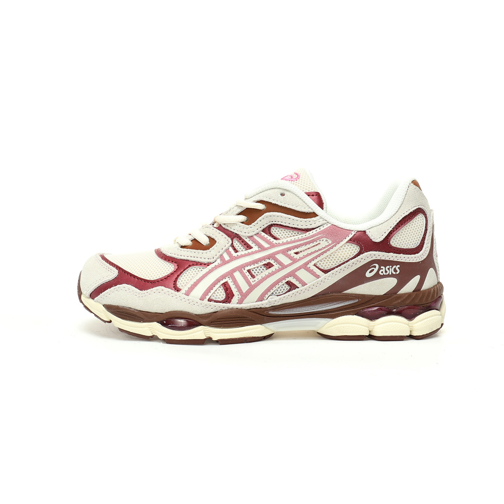 Zapatillas Asics retro para mujer en tonos crema, burdeos y rosa.