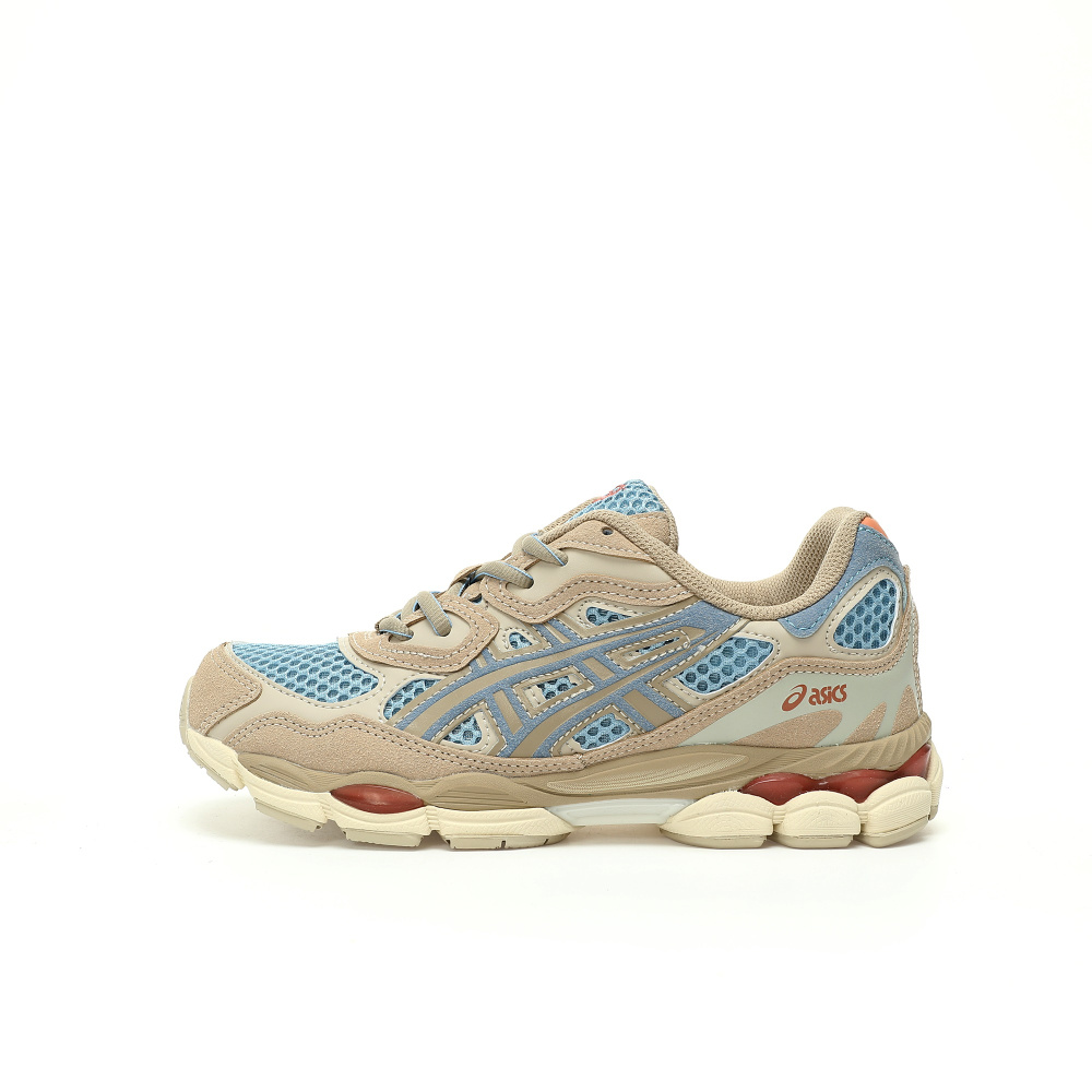 Asics beige con detalles azul celeste y rojo